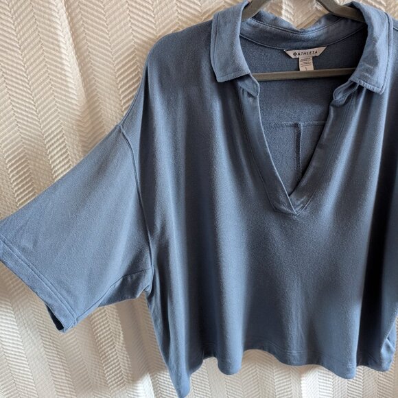 Athleta Women’s Westwood Sweatshirt Tee Cottage Blue Boxy Collar Size Large - Picture 5 of 8